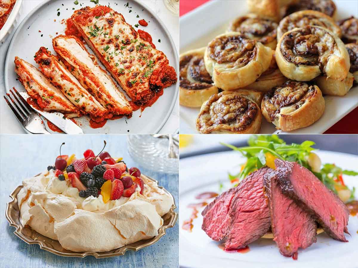 Chicken parmigiana, savoury scrolls, pavlova and steak